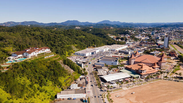 Aerial footage of the city of Brusque in Santa Catarina