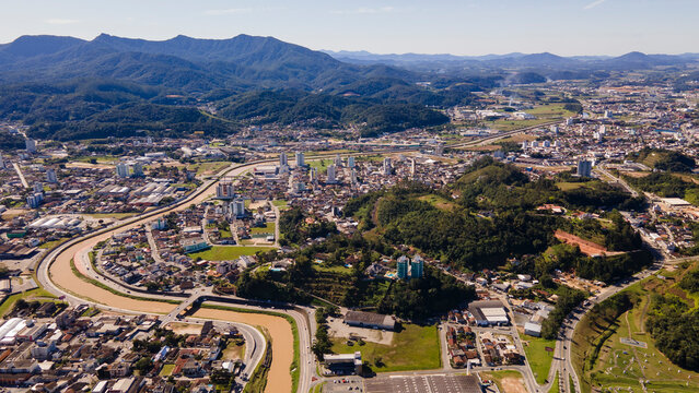 Aerial footage of the city of Brusque in Santa Catarina
