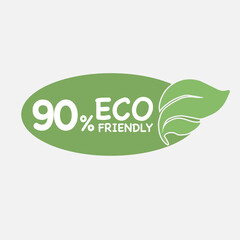 90% Eco friendly green leaf label sticker. 2d vector illustration. Eco friendly stamp icons Vector illustration with Green organic plant leaf.