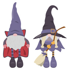 Spooky Halloween witch and vampire gnomes in cartoon style. Isolated on a white background. Vector illustration.