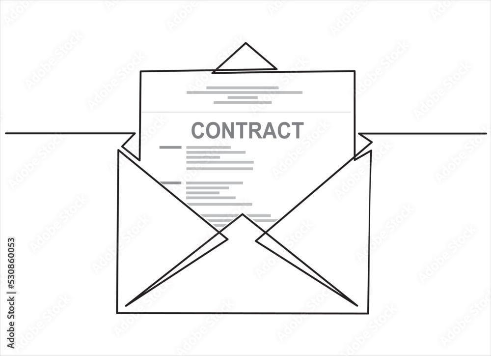 Aufkleber continuous line drawing of open envelope with contract agreement