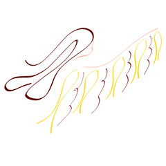 winged woman with long hair flapping a wing, abstract colorful pattern on white background