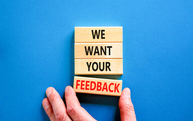 Support and we want your feedback symbol. Concept words We want your feedback on wooden blocks on...