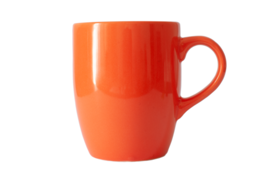 Shiny ceramic orange color mug or cup for tea, coffee, hot beverage or water. Isolated background, selective focus.	