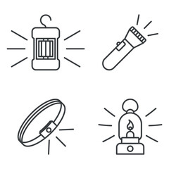 A set of four icons with different artificial light fixtures. A simple line drawing of a hanging, head and hand torch, as well as a kerosene lamp. Vector over white background.