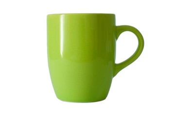 Shiny ceramic green color mug or cup for tea, coffee, hot beverage or water. Isolated background, selective focus.