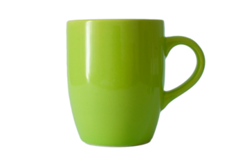 Shiny ceramic green color mug or cup for tea, coffee, hot beverage or water. Isolated background, selective focus.