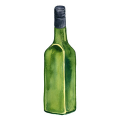 watercolor drawing green glass bottle at white background, hand drawn illustration