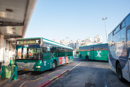 Rishon Lezion / Israel – 09.14.2022. Israel Green Autobus Egged company. Passenger bus. Israeli public transport. Central bus station. Modern shuttle.