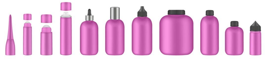 Set of pink tubes and bottles. Roller ball tube. Body antiperspirant deodorant roll-on, open and closed blank tubes with screw cap. Realistic mockup. Eye Cream Roll Ball. Dropper, atomizer