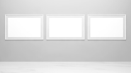 Empty frames mockup on the wall. White picture frames mockup on the wall. A horizontal white canvas for painting mockups. Three empty white mockup frames hanging on a white wall. 3d illustration.