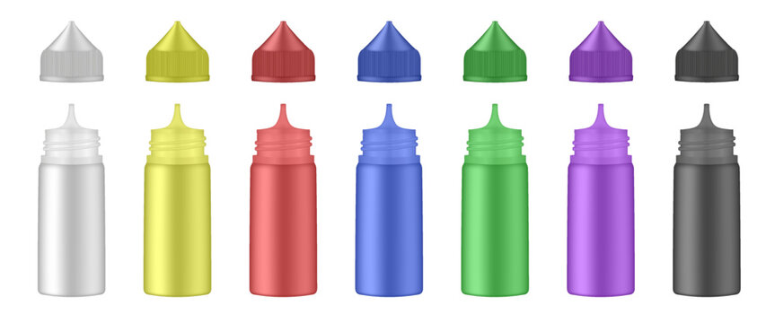Set of open e-liquid bottles for vaping. Vape liquid droppers	