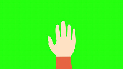Waving hand of a fair-skinned man is a symbol hi, bye on a green screen background.