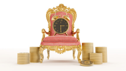 gold and black vintage alarm clock on the floor red king throne with golden bitoins isolated on white background