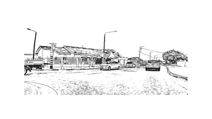 Building view with landmark of Oranjestad is the 
capital of Aruba. Hand drawn sketch illustration in vector.