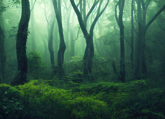 lush green forest with fog