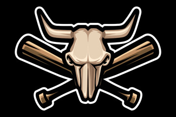 Skull logo cow, bull, buffalo, with crossed baseball bats. Mascot sporty. E-sports logo.