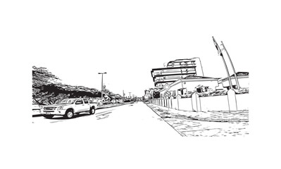 Building view with landmark of Oranjestad is the 
capital of Aruba. Hand drawn sketch illustration in vector.