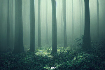 lush green forest with fog