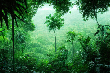 lush green forest with fog and haze