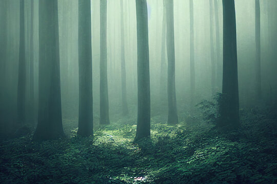 Fototapeta lush green forest with fog