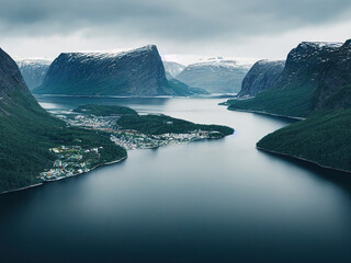 Norwegian fjords with clouds and water