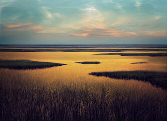 swamp horizon with plants and atmospheric clouds
