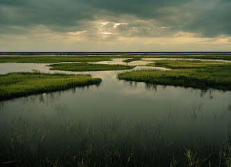 Fototapeta na wymiar swamp horizon with plants and atmospheric clouds