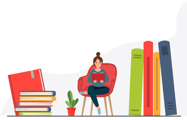 Young happy woman sitting with book in the armchair, student reading books at the library, domestic life concept, reading is power concept, flat vector illustration