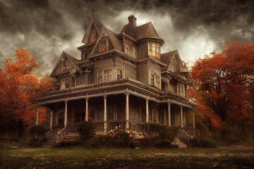 Halloween American Victorian Spooky House - obrazy, fototapety, plakaty