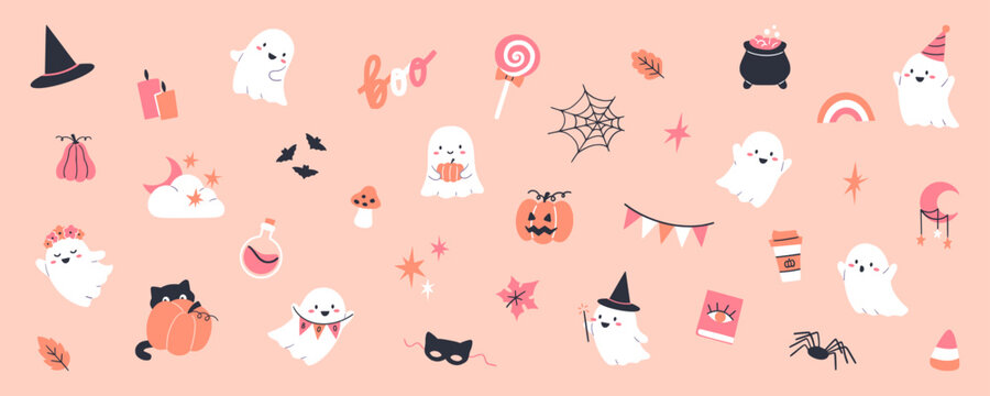 Collection of Halloween illustrations with ghosts, pumpkins, bats and other traditional decorations. Vector banner design