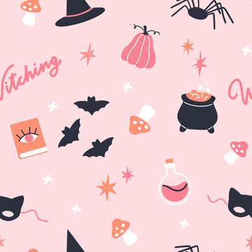 Halloween seamless pattern with witch hat; cauldron, bat, pumpkin and other traditional decors