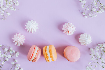 Tasty french macarons with tender flowers on a pink pastel background.