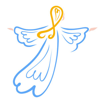 girl flying like a bird, blue and yellow contour with hearts on a white background