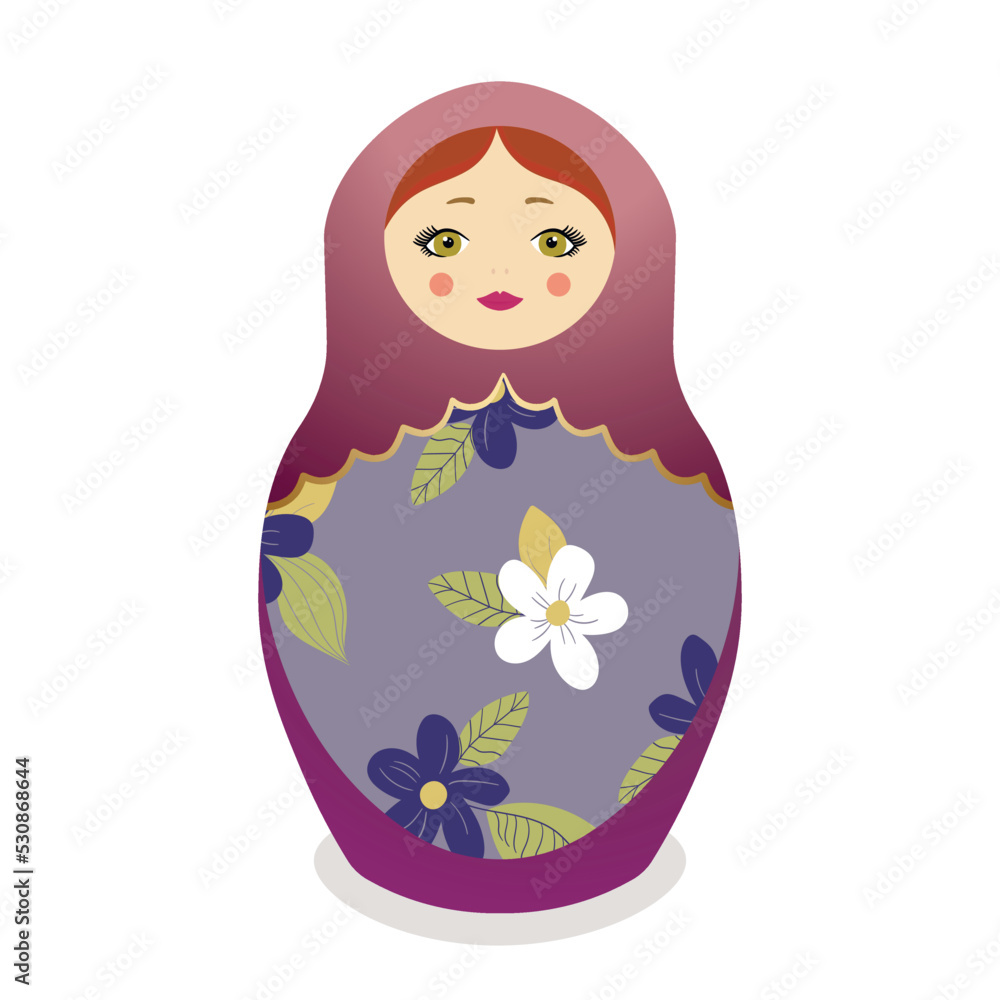 Wall mural Russian Matryoshka. Traditional Russian folklore dolls with big eyes and lips. Babushka doll with hohloma, traditional painted floral pattern. Hand drawn vector illustration