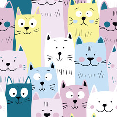 Seamless pattern with cute kitten print. Different scandy cats on color background. Scandinavian style illustration for kids. Vector illustration for fabric, textile, wallpaper, home clothing, pajama