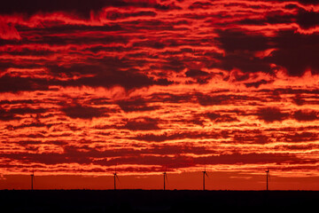 Fototapeta Płonący zachód słońca z elektrowniami wiatrowymi w tle obraz
