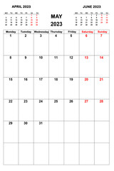 White calendar for May 2023 with previous and next months. New year 2023 concept