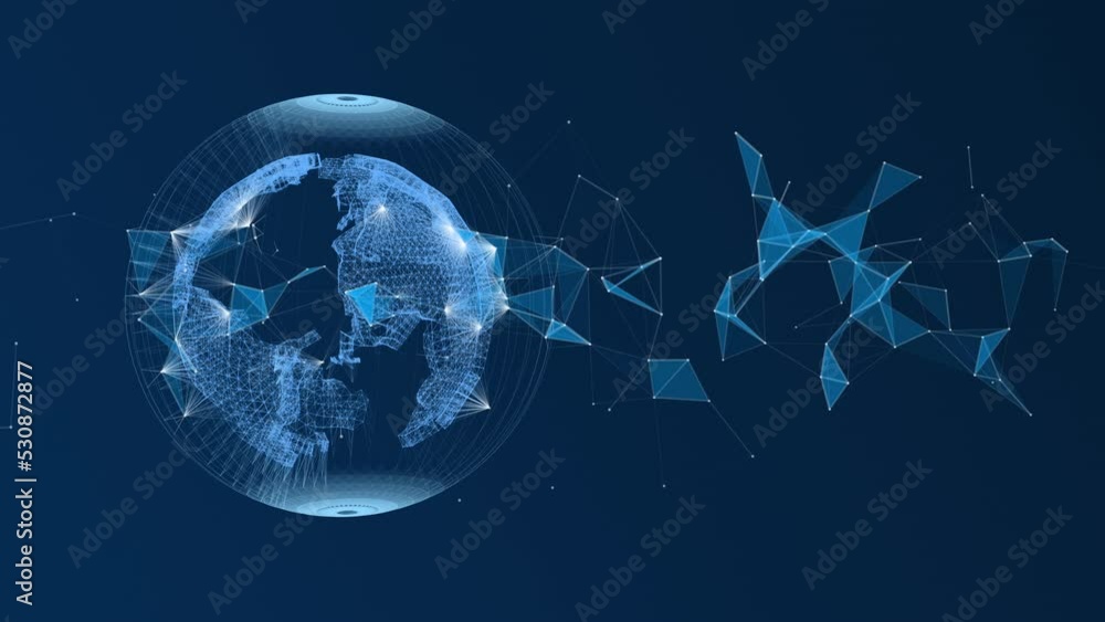 Poster abstract tech earth globalization in 3d motion graphic. concept transmit ai networking on fiber opti