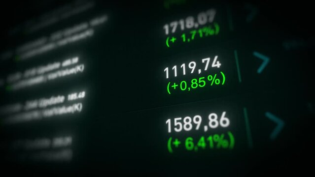 Stock Market And Exchange Board Background/ 
4k animation of a business stock exchange market background with data and numbers and close-up of software screen and depth of field