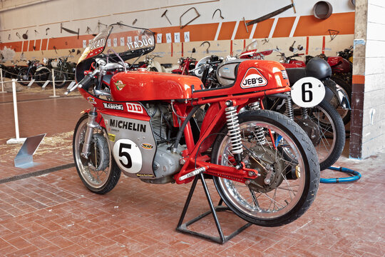 Vintage racing motorcycle Ducati monoalbero 175 (1959) on display in festival Agriolo. April 15, 2012 in Riolo Terme (RA) Italy