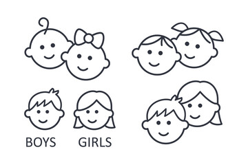 Vector girl and boy icons. Editable stroke. Set of line icons of children. Kids signs toilet changing room. A couple of kindergartners schoolchildren teenagers. Isolated elements on white background