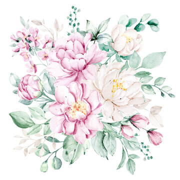 Pink flowers watercolor, floral clip art. Bouquet pink peonies perfectly for printing design on invitations, cards, wall art and other. Isolated on white background. Hand painting.