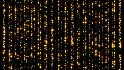 Naklejka premium golden shiny and glowing star strings on dark background, glittering gold stars falling