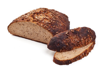 Freshly baked rustic rye bread, isolated on white background.