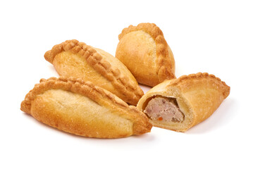 Freshly baked buns with meat, isolated on white background.