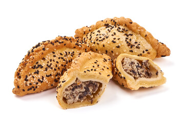 Freshly baked buns with meat, isolated on white background.