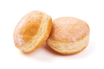 Yeast donuts with powdered sugar, isolated on white background.