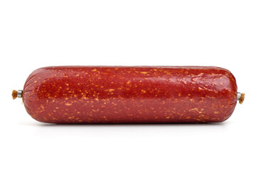 Smoked salami sausage, isolated on white background.