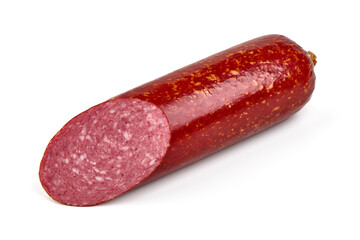 Smoked salami sausage, isolated on white background.